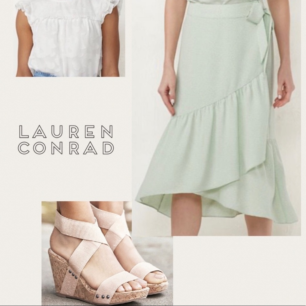 LC Lauren Conrad Hi-Low Faux Wrap Ruffle Midi Skirt Size Large